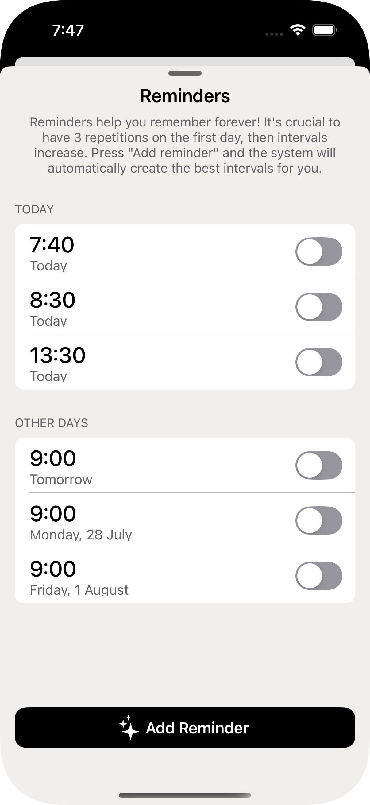 Reminders and repeat — spaced repetition and notifications
