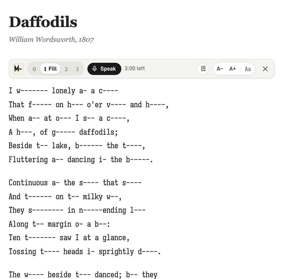 Wordsworth's Daffodils with the Memorizun panel above it; every other word is cut to its first letter
