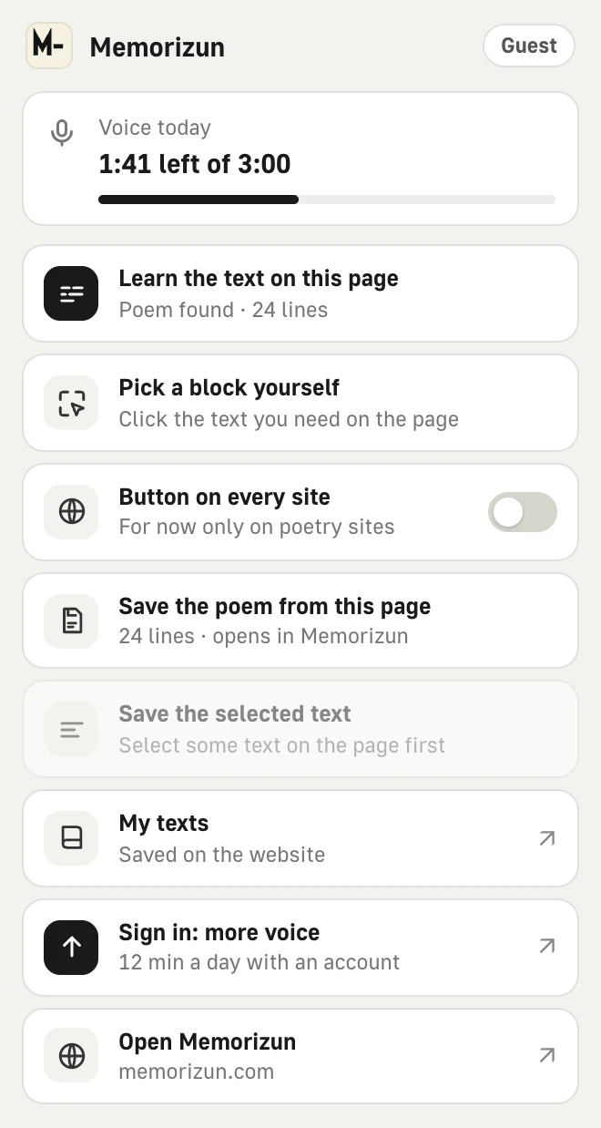 Extension menu: voice time left, Learn the text on this page, Pick a block yourself, save to My texts