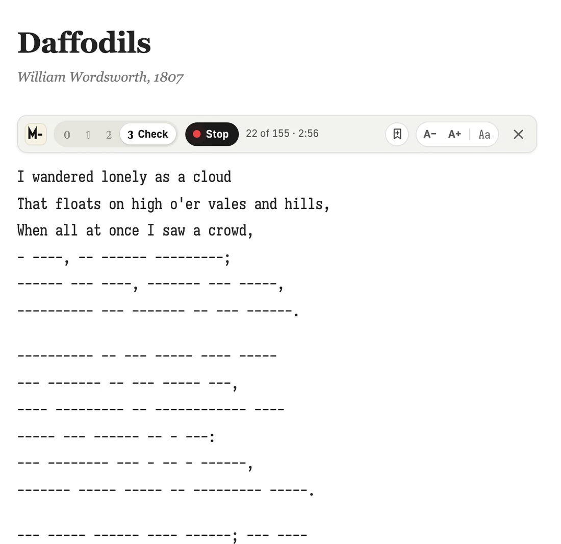 Check step with the voice check running; words already said are revealed